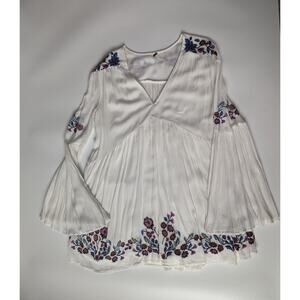 Free People Sz XS White Flowy Embroidered Floral Long Sleeve Shirt